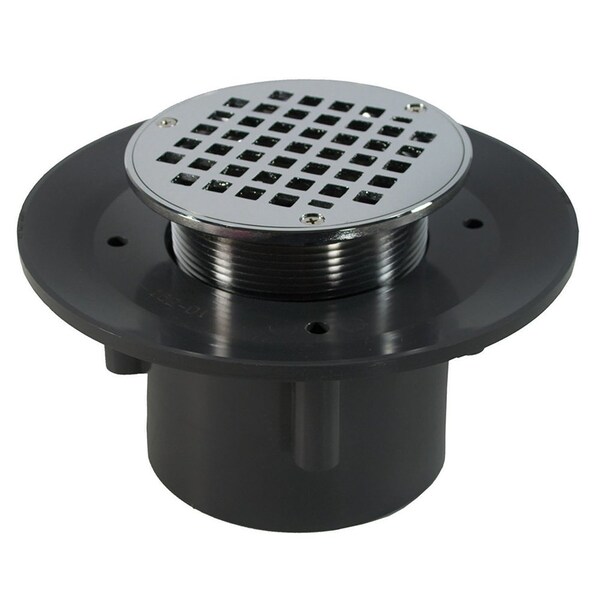 Jones Stephens 3in. x 4in. Heavy Duty PVC Slab Drain Base with 3-1/2in. Metal Spud and 5in. Chrome Plated Strainer D49459 - main